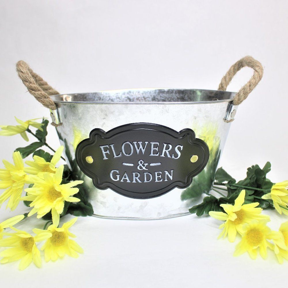 Tin Oval Bucket Flowers & Garden Plaque Rope Handles Cottagecore Patio Garden